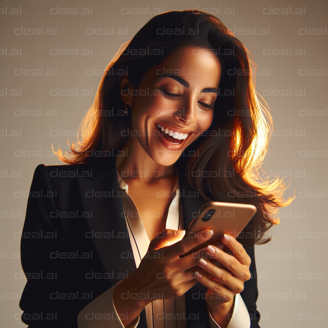 "Excited Woman Reading Good News on Phone"