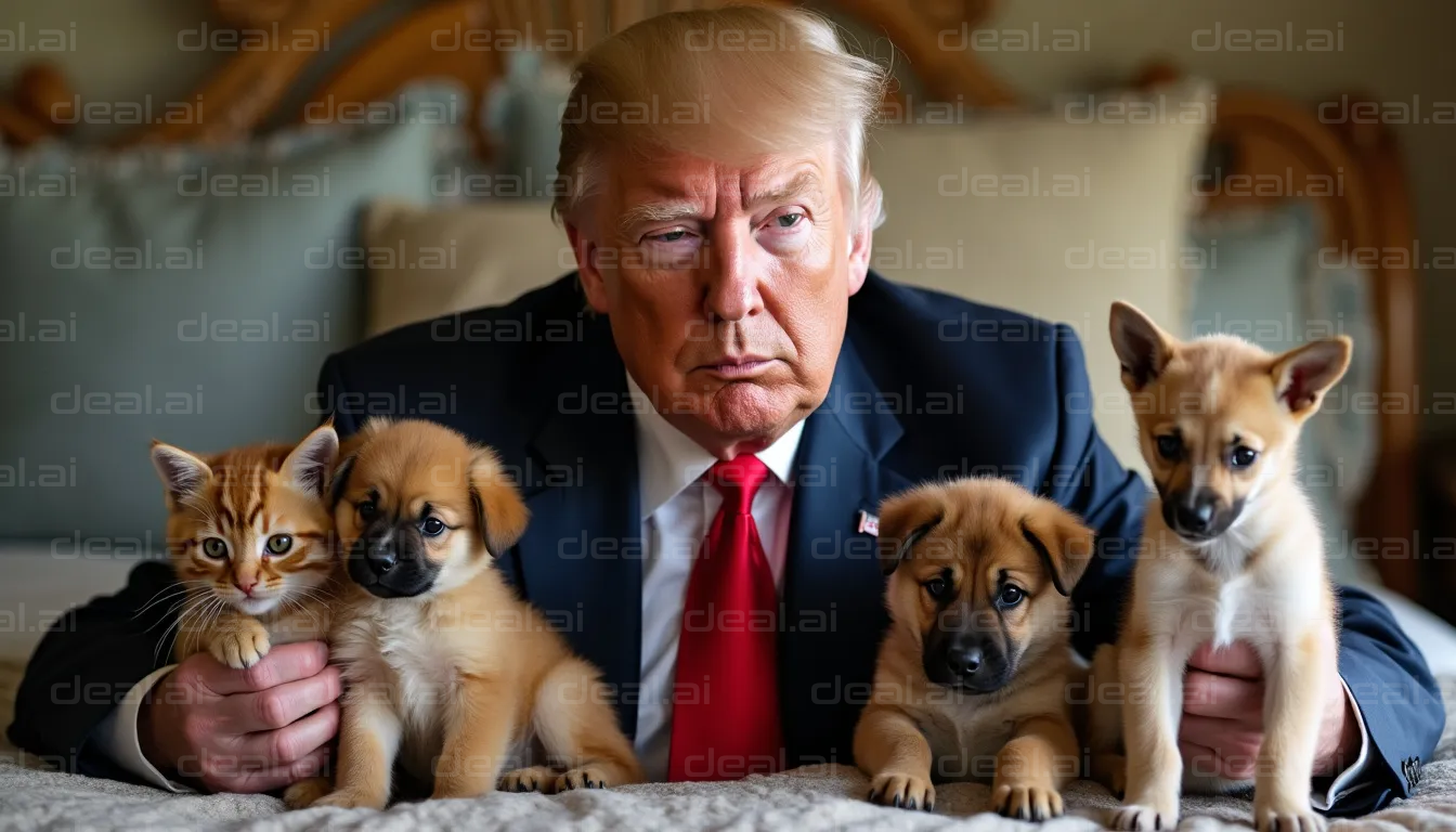 Man with Kittens and Puppies on Bed