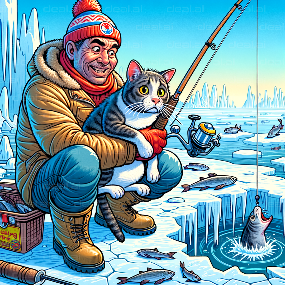 "Ice Fishing with Cat Companion"