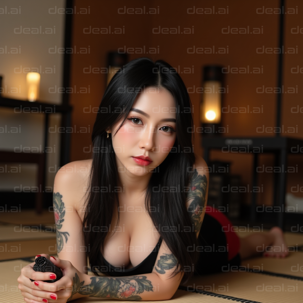 Tattooed Serenity in Candlelit Room