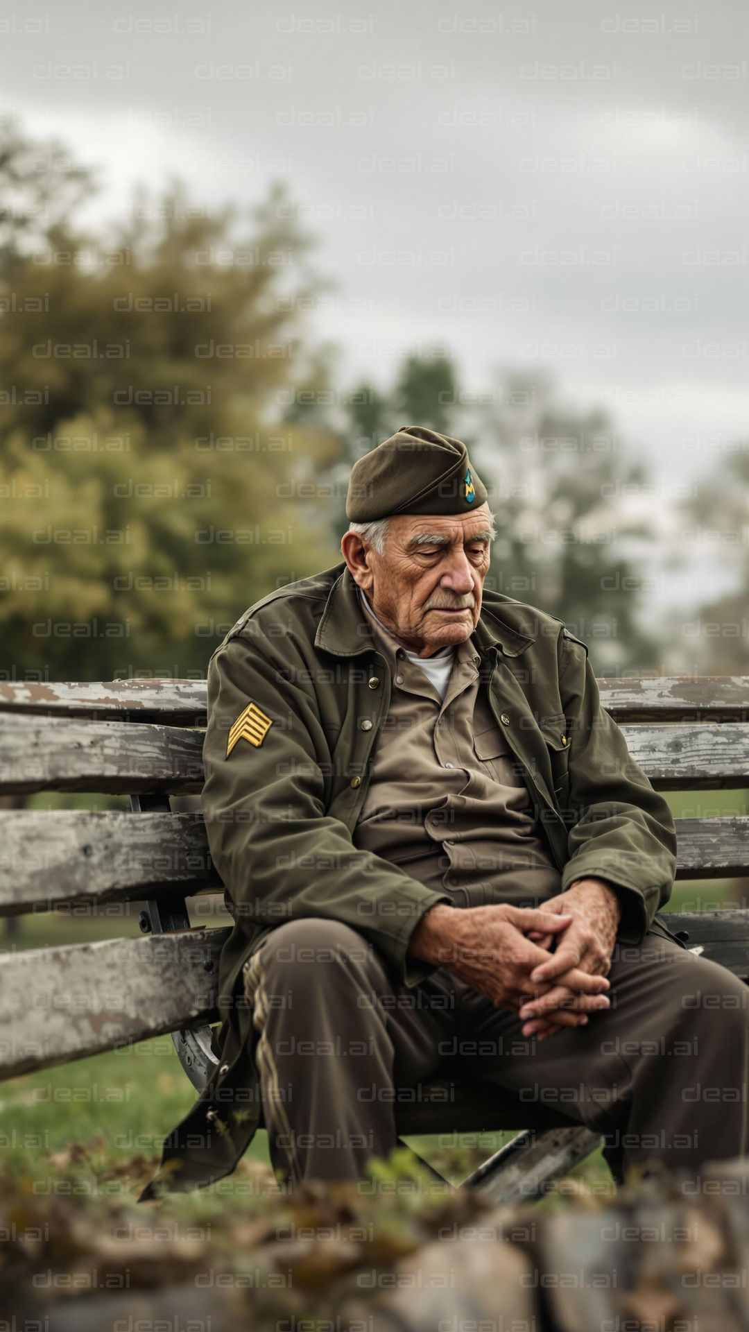 Reflective Veteran on Park Bench