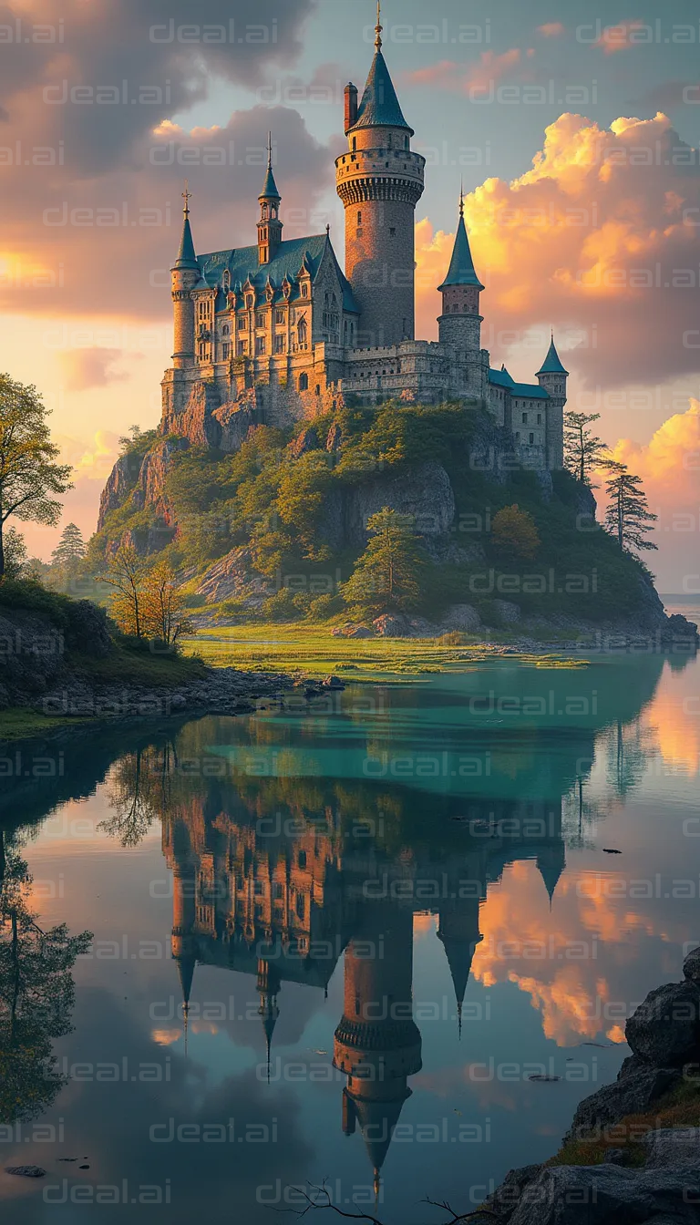 "Majestic Castle Reflection at Sunset"