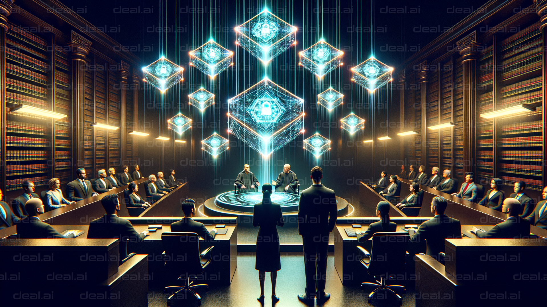 "Futuristic Courtroom with Holograms"