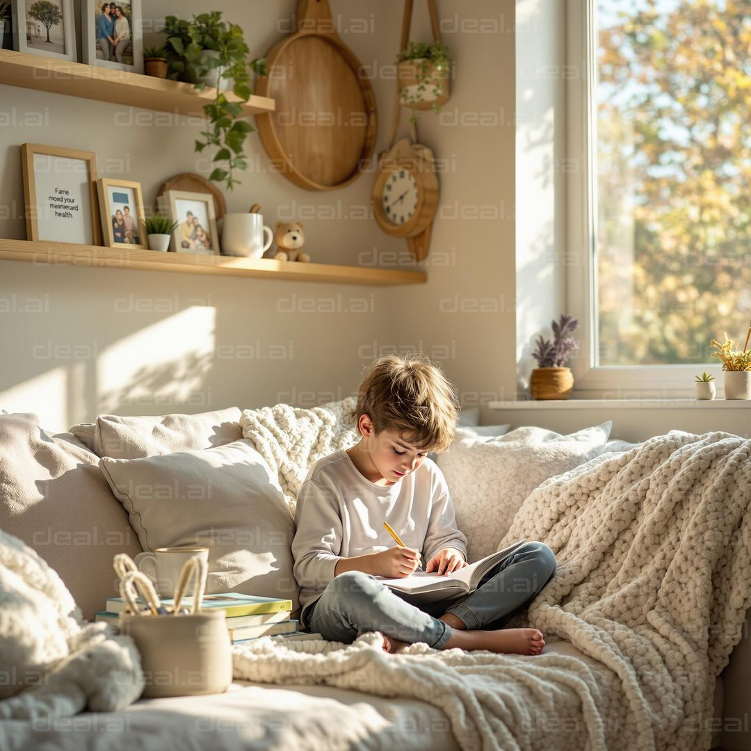 Child Writing in Cozy Sunlit Room