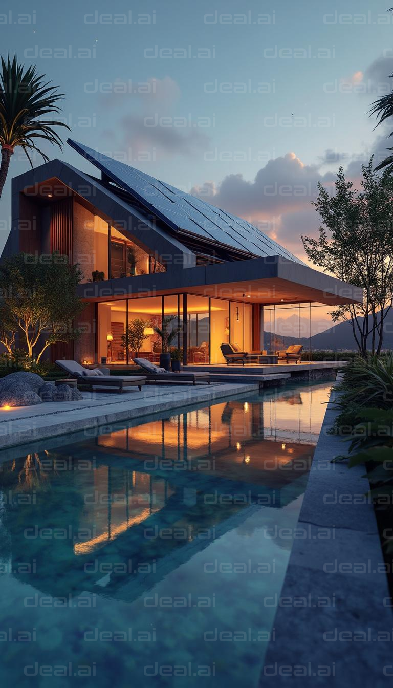 "Modern Solar Home with Pool at Sunset"