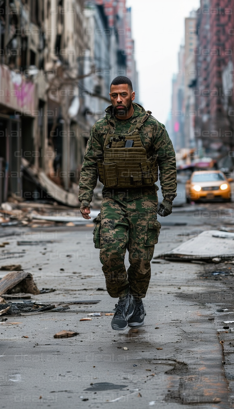 Soldier Walking Through War-Torn City