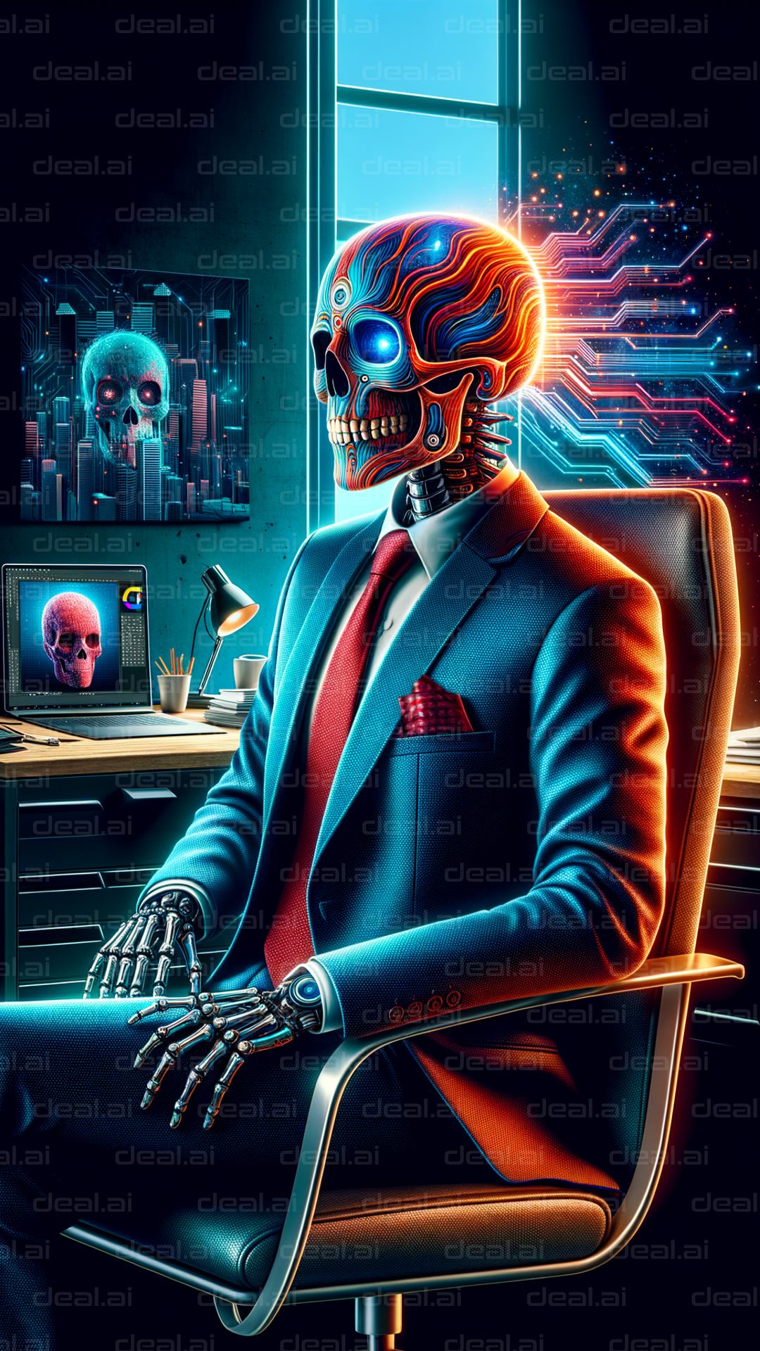 "Cybernetic Executive in Futuristic Office"