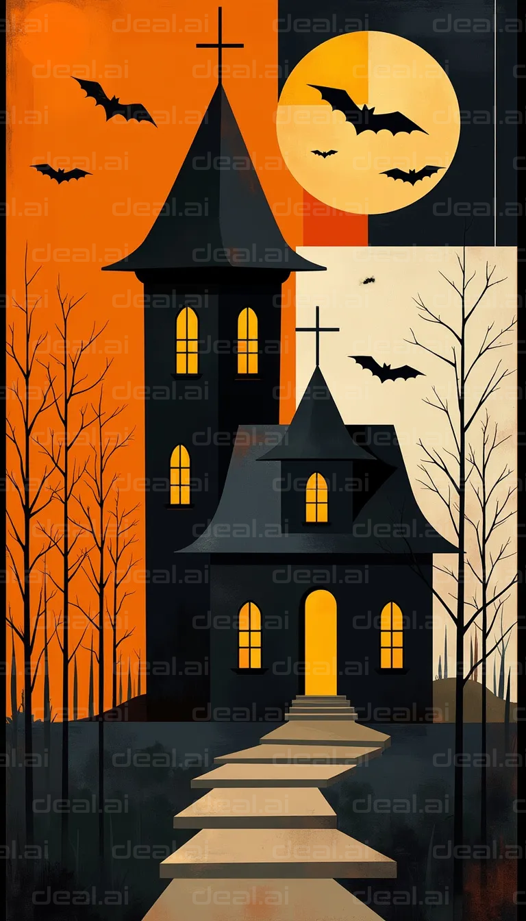 "Halloween Haunted House with Bats"