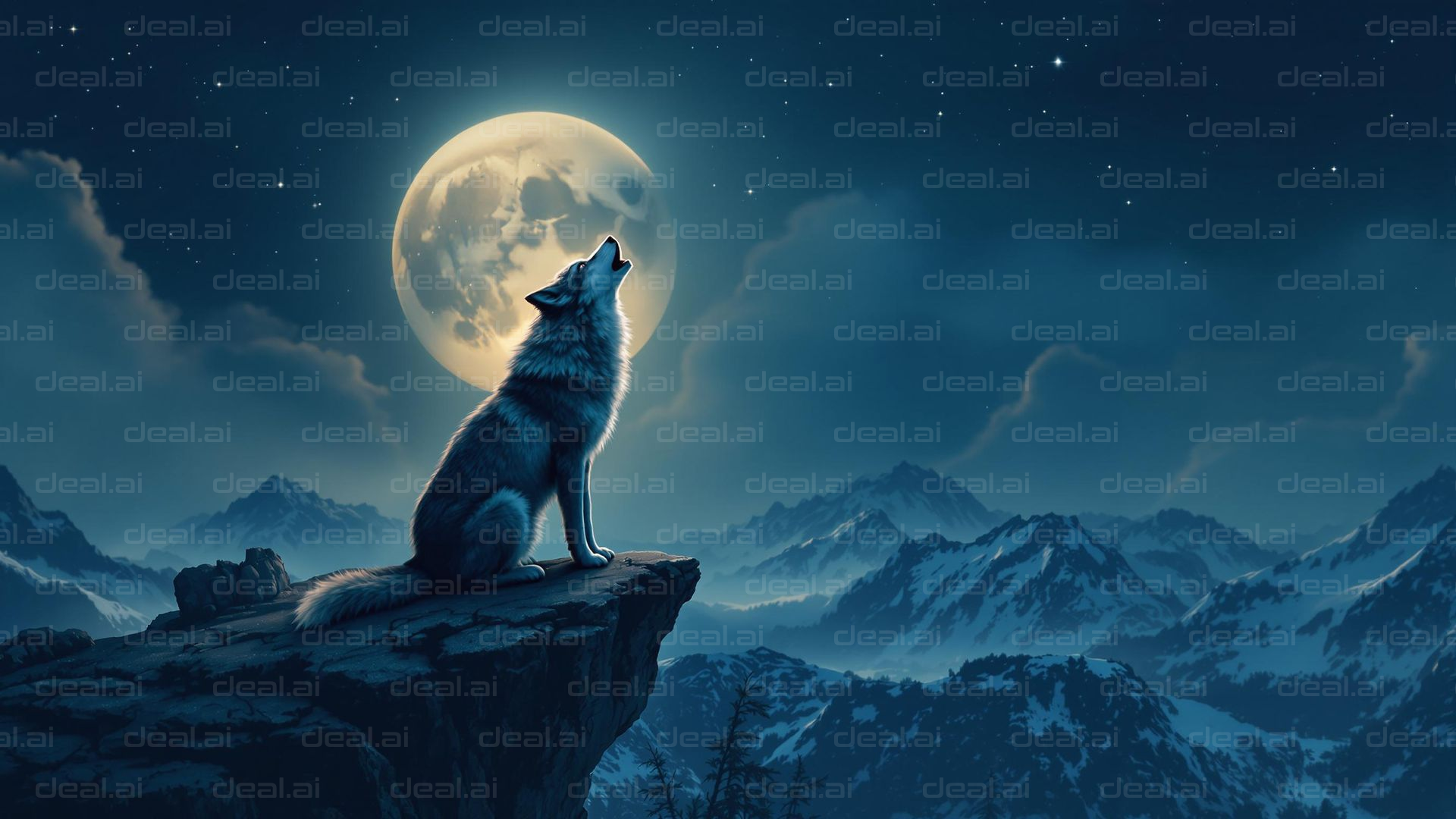 Wolf Howling at Full Moon