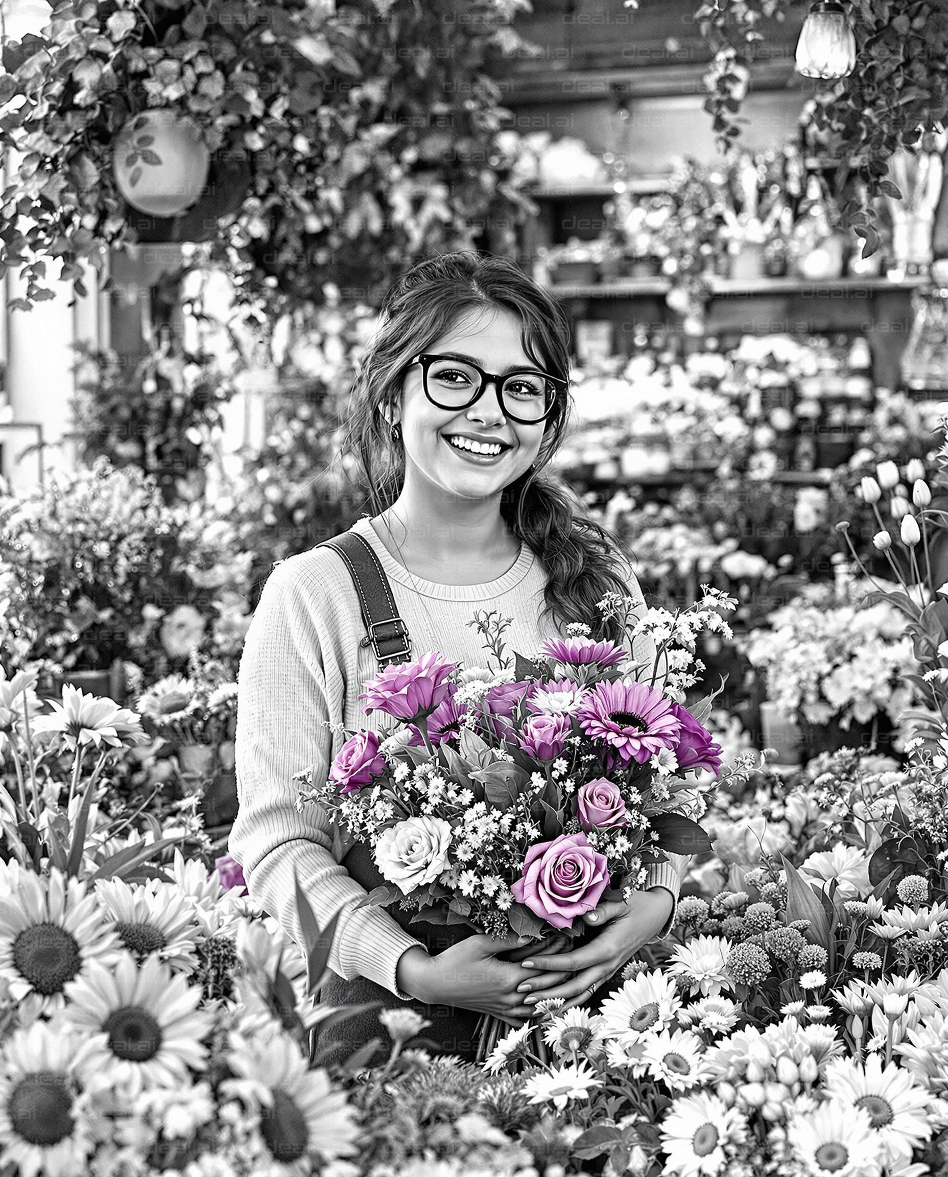 "Joyful Florist Amidst Blossoms"