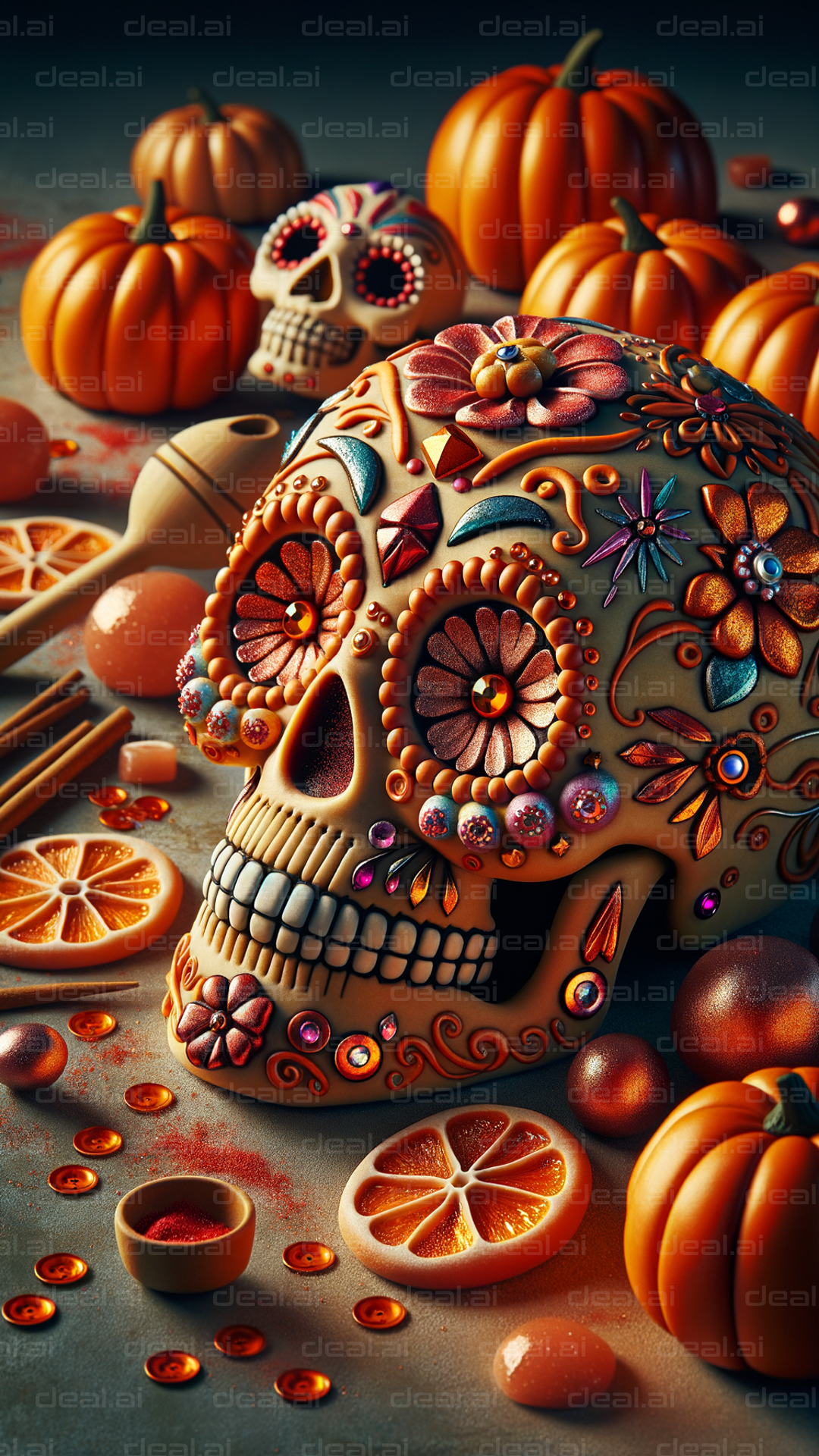 Decorative Sugar Skull with Pumpkins