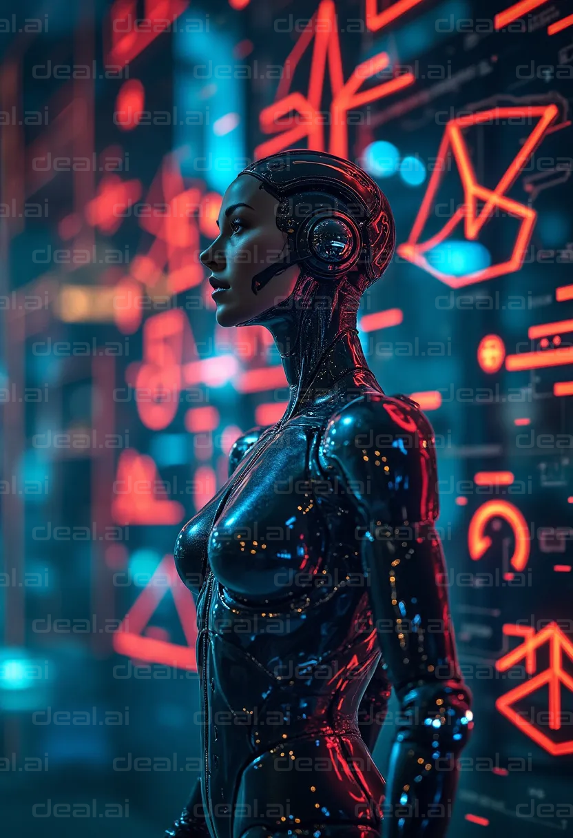 "Futuristic Cyborg in Neon Display"