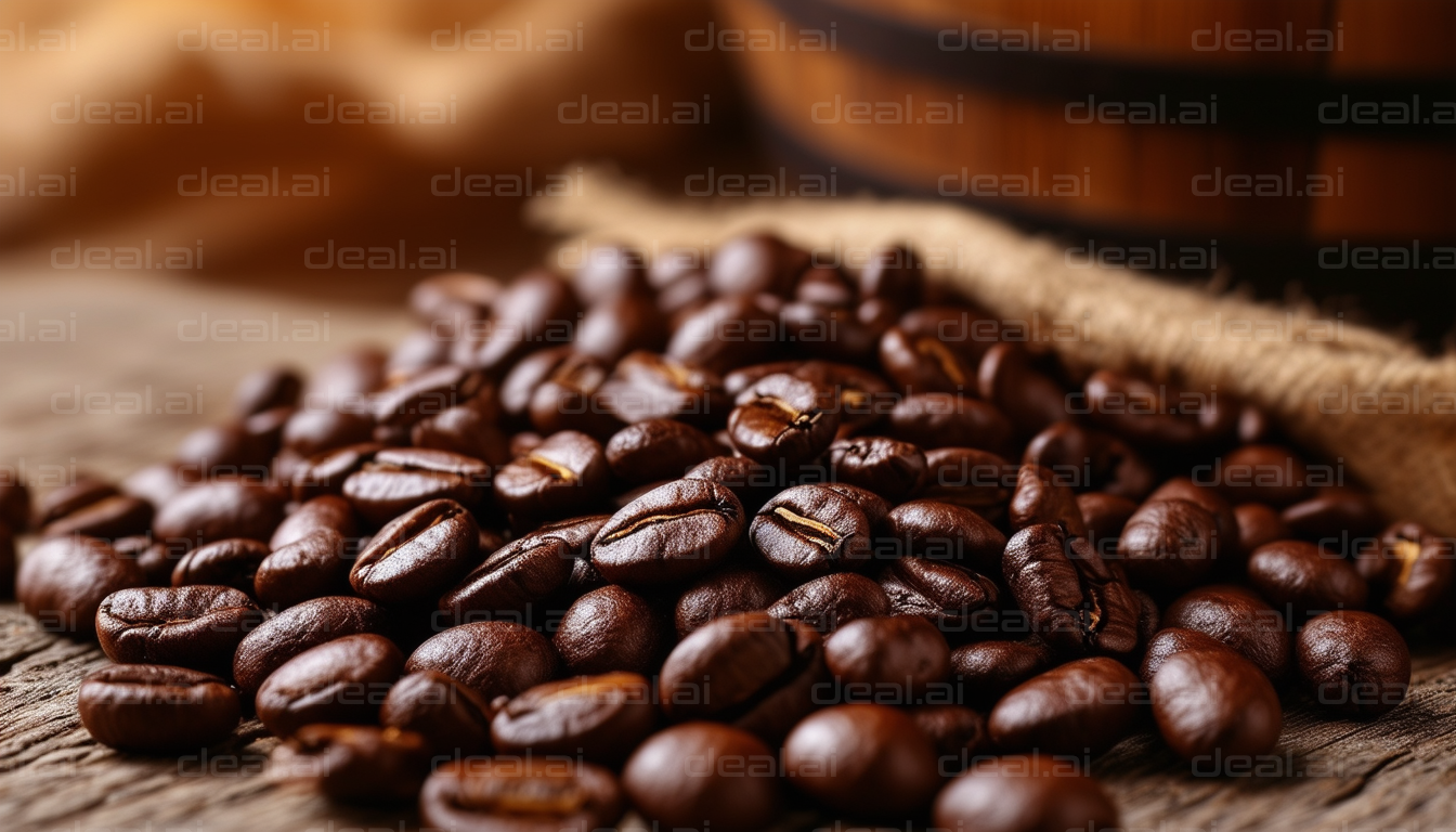 Roasted Coffee Beans in Burlap Sack