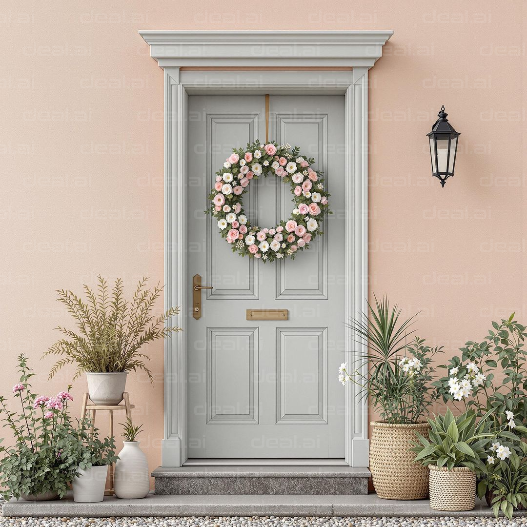 "Elegant Door with Floral Wreath"