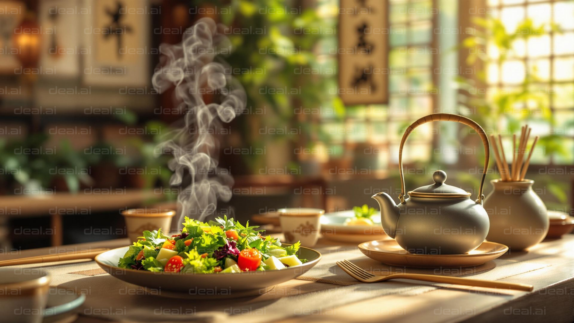 Steaming Salad and Tea Delight