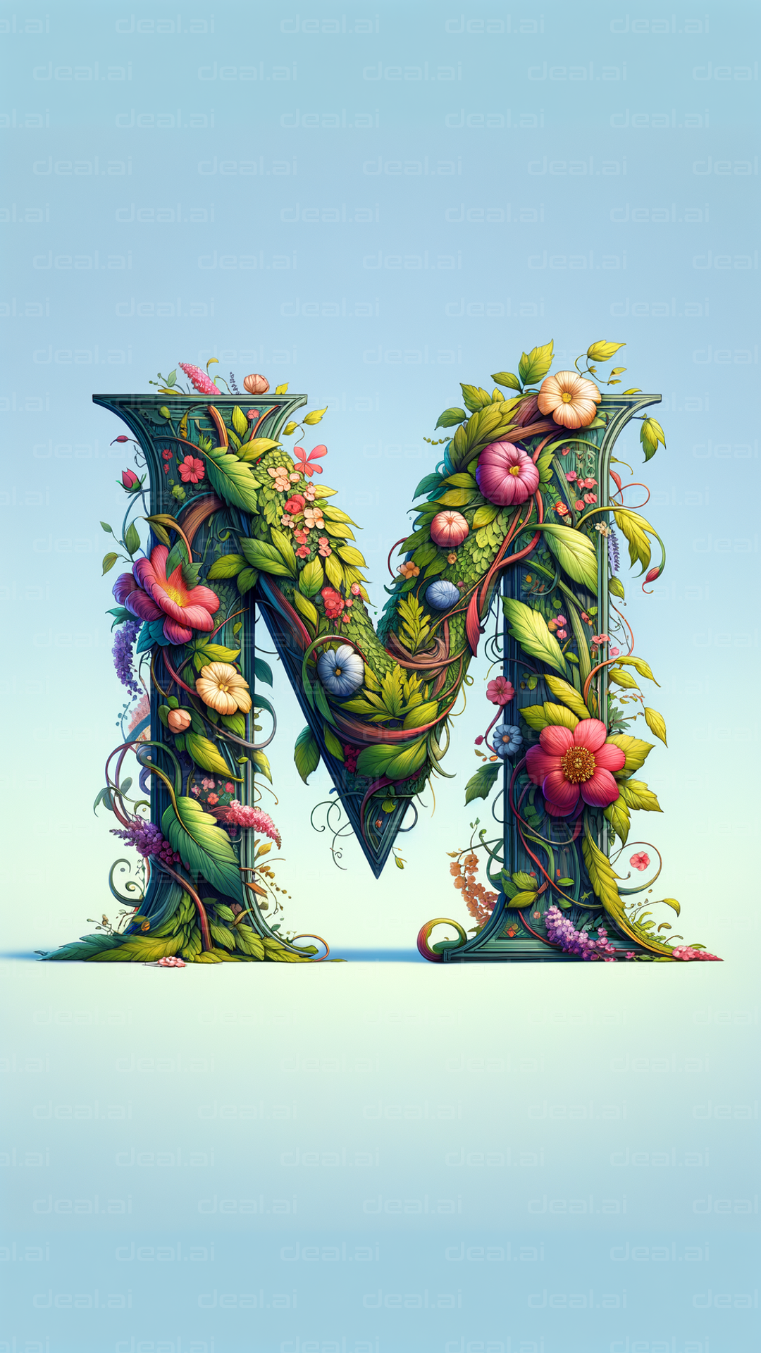Floral Letter M on a Light Blue Background