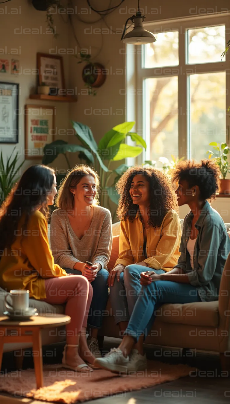 "Friends Chatting in Cozy Living Room"