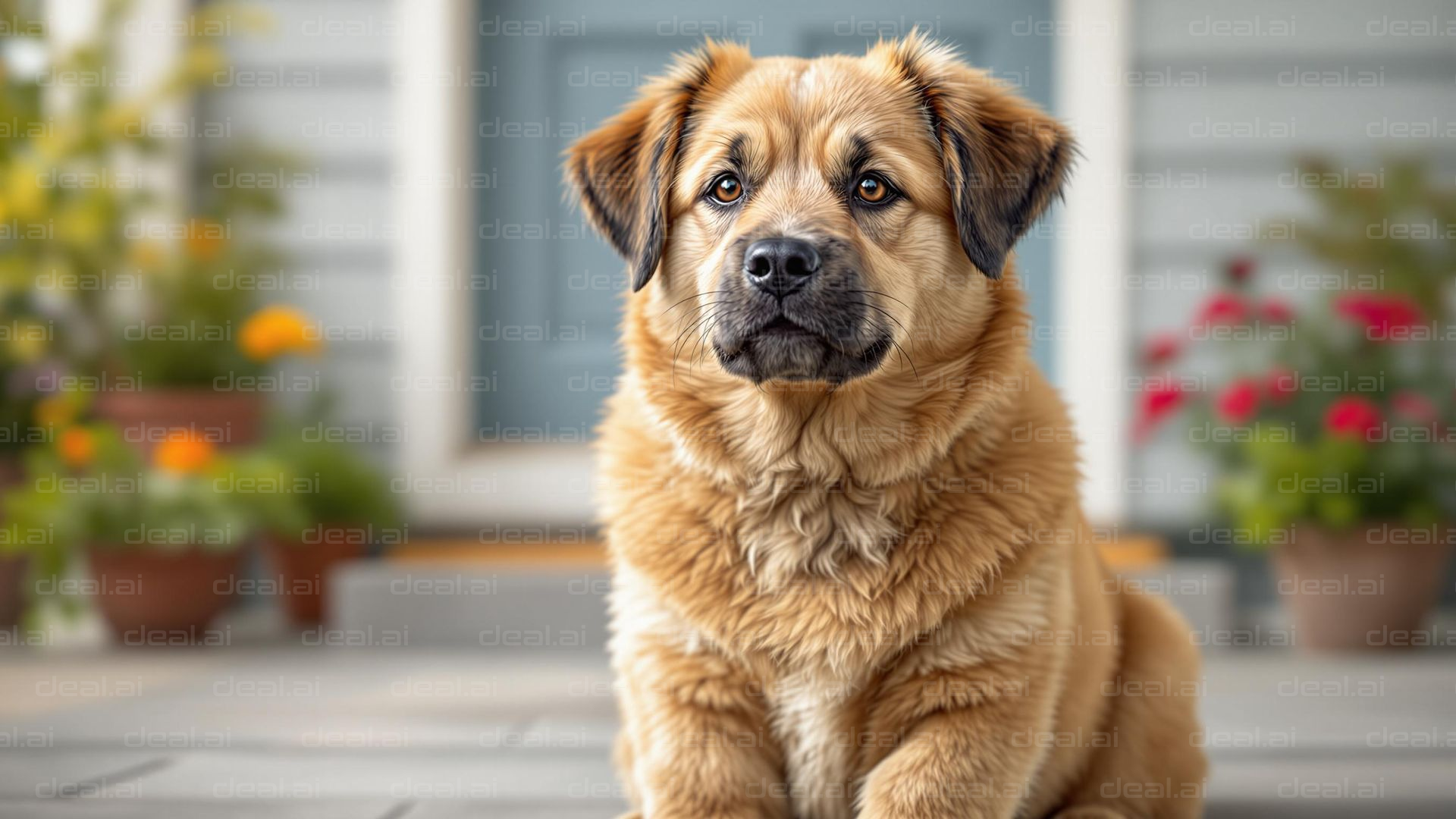 Fluffy Dog by the Porch Steps