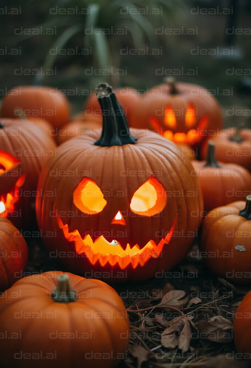 Glowing Jack-o'-Lanterns in the Night
