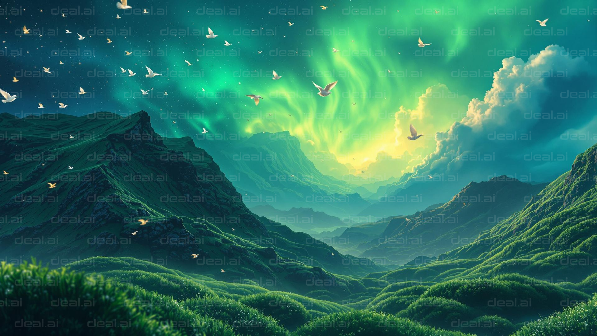 Emerald Skies and Soaring Birds