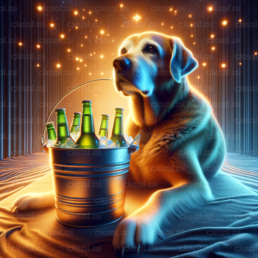 "Dog with Beer Bucket Under Starry Lights"