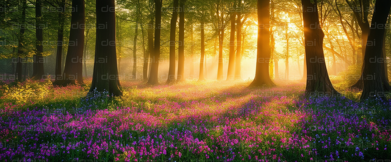 "Sunlit Forest with Colorful Wildflowers"