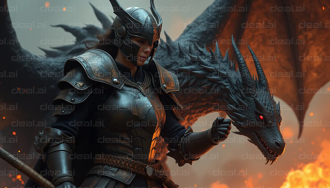 "Warrior and Dragon in Fiery Battle"