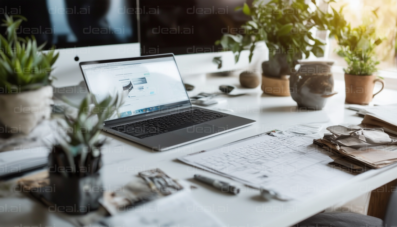 "Modern Workspace with Green Plants"