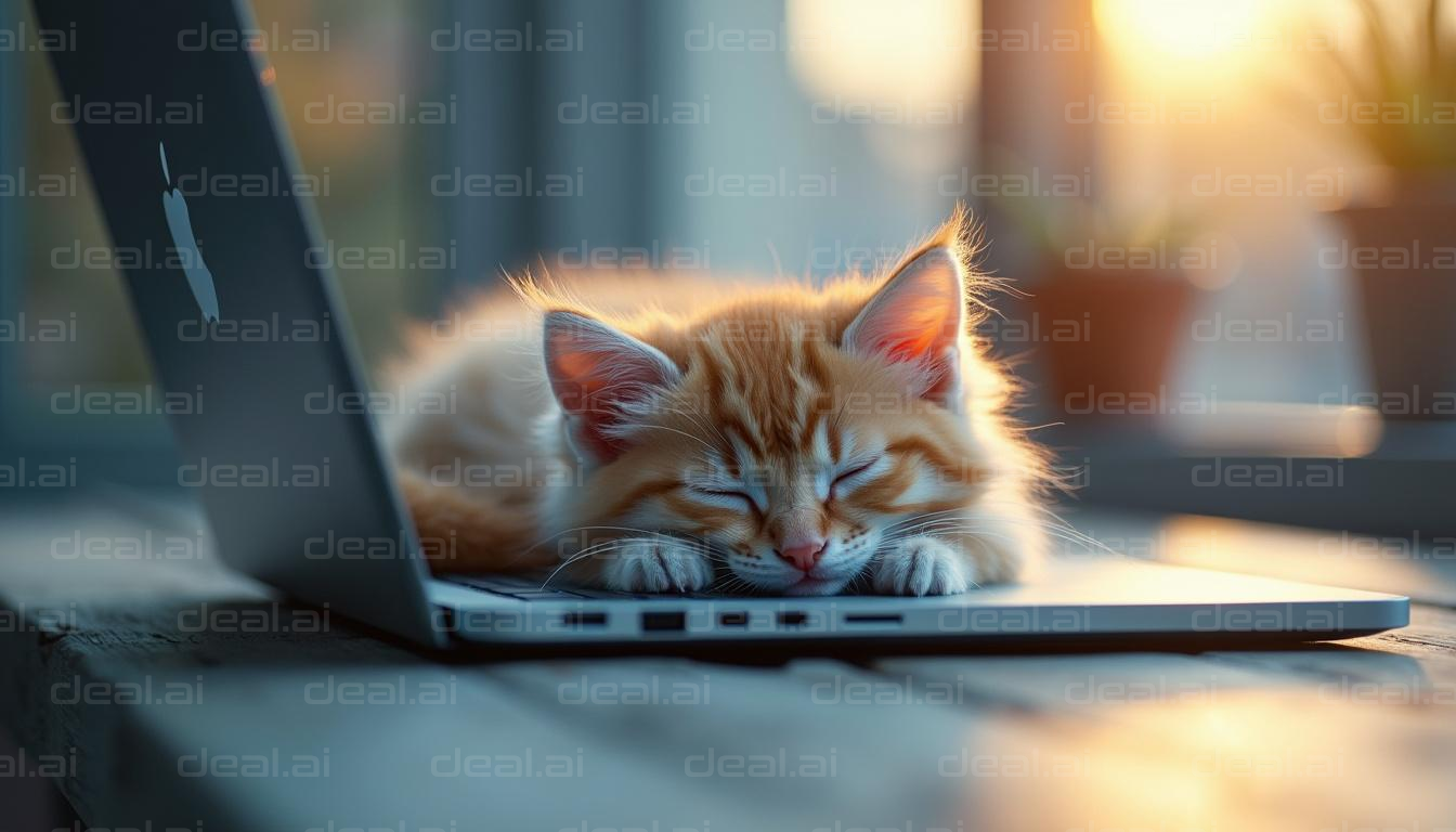 Kitten Naps on Laptop in Sunlight