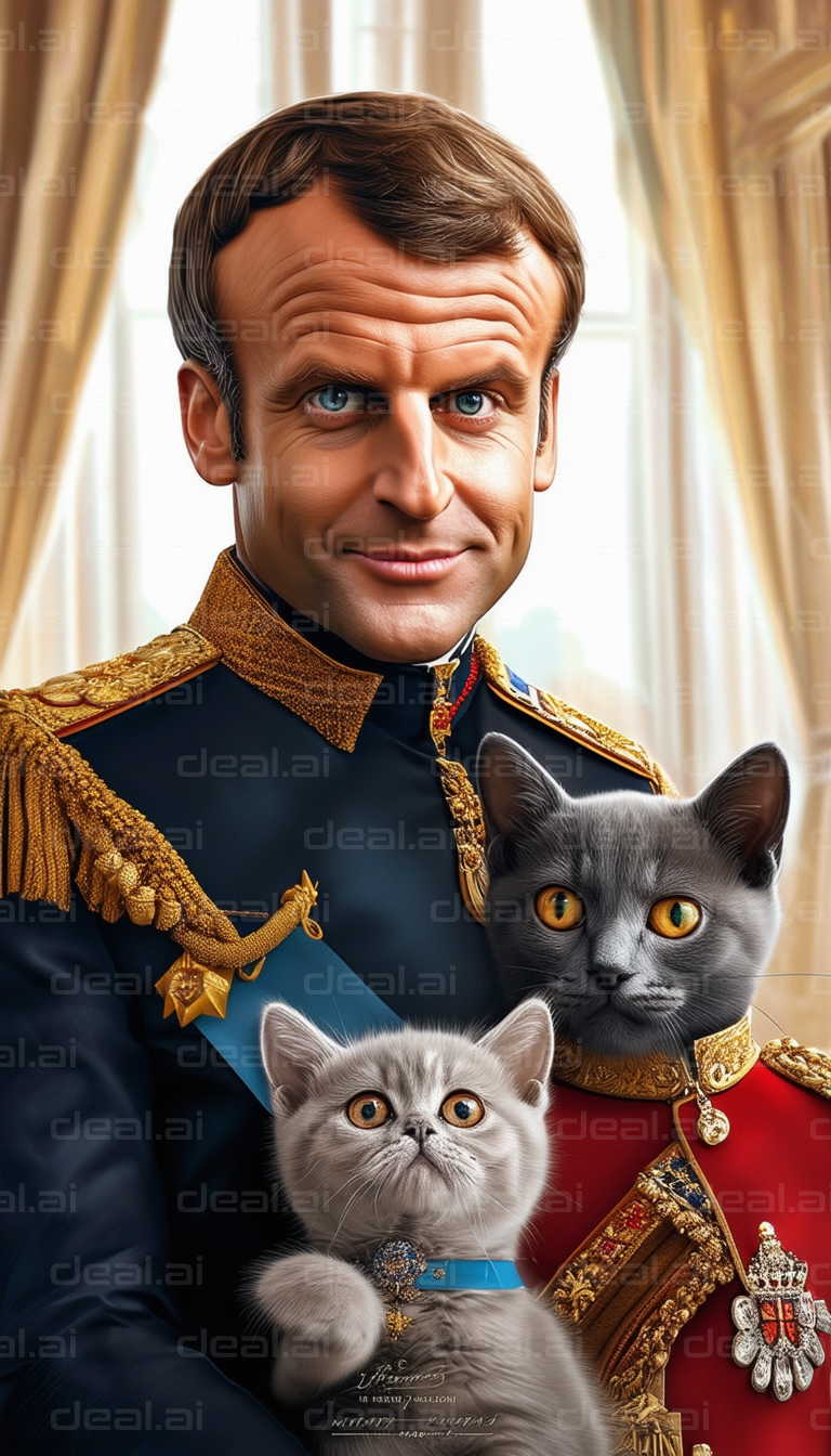 "Regal Portrait with Cats in Uniforms"