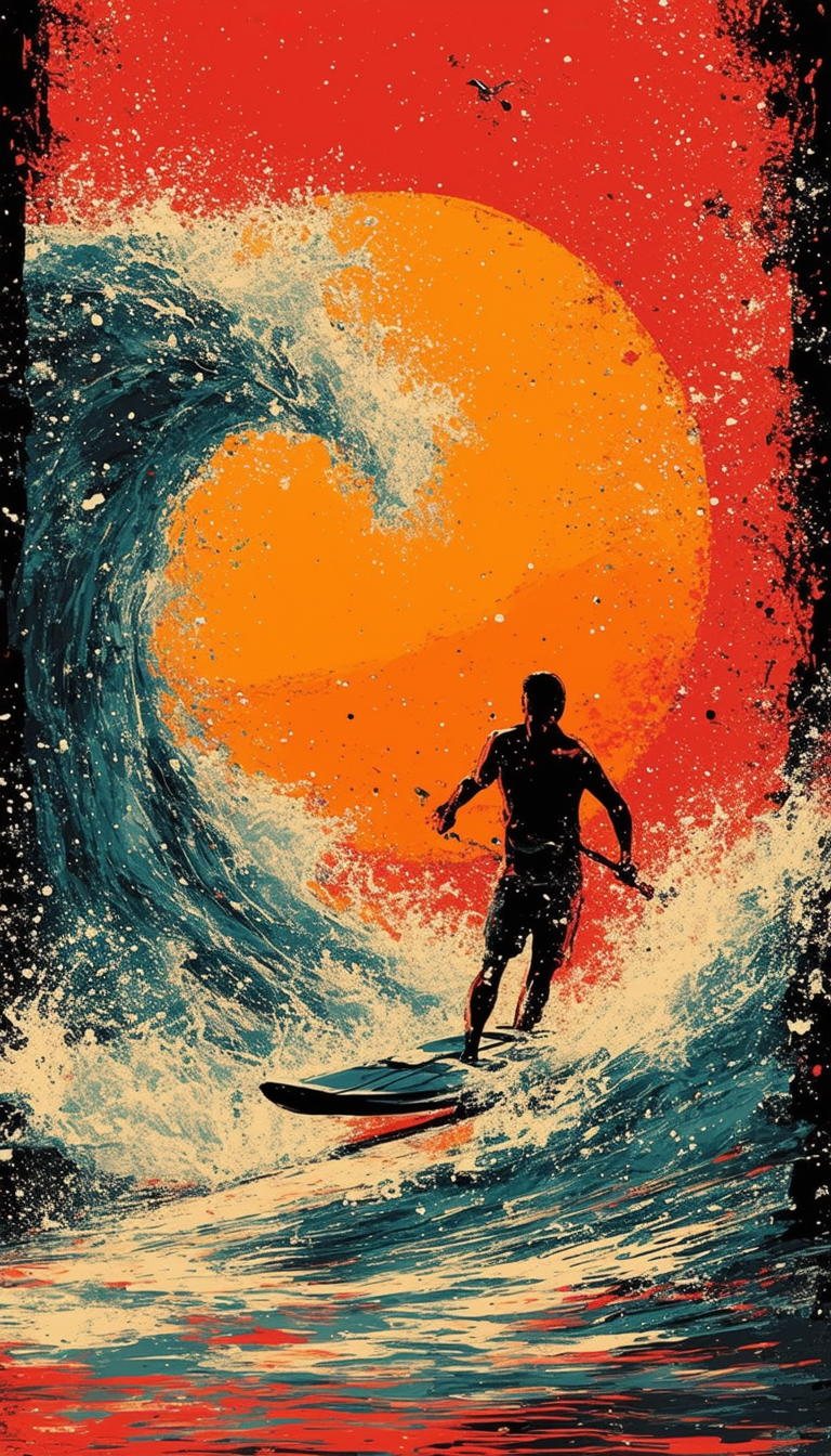 "Surfer Riding the Fiery Sunset Wave"