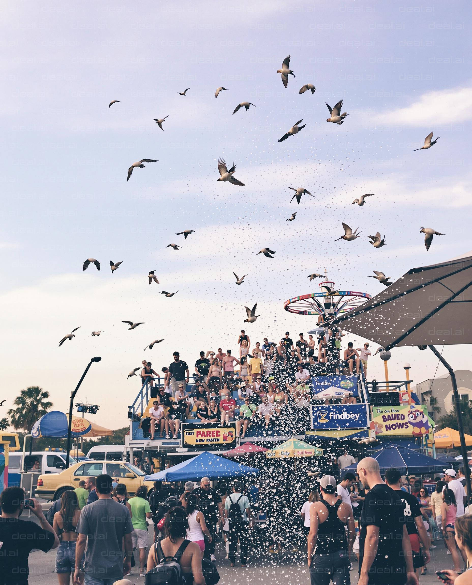 "Festive Crowd Under Soaring Birds"