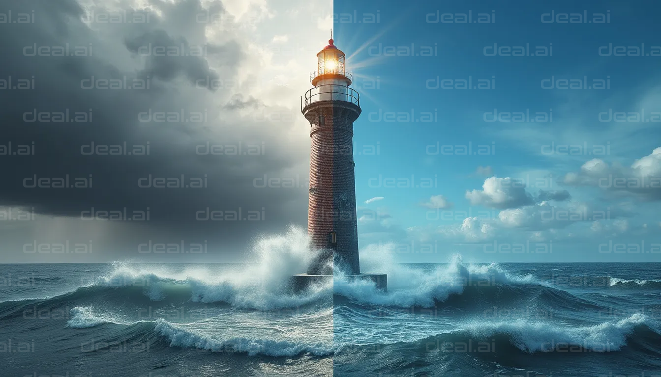 Lighthouse Dividing Storm and Calm Seas