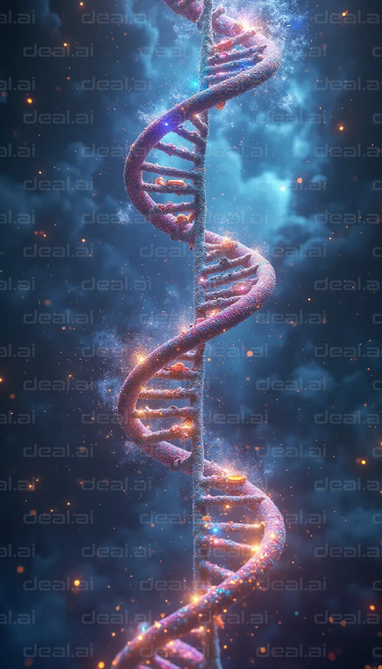 "Glowing DNA Strand in a Starry Sky"