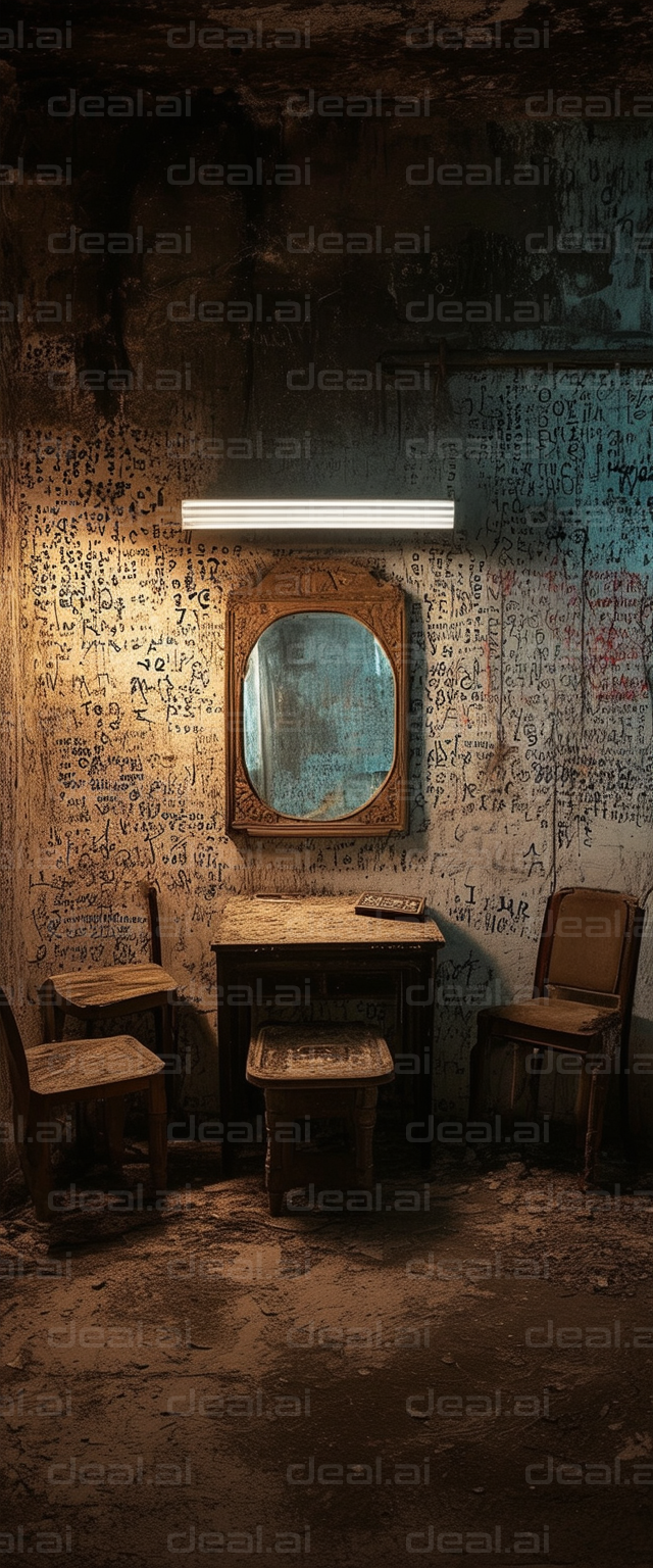 "Abandoned Room with Graffiti and Dust"