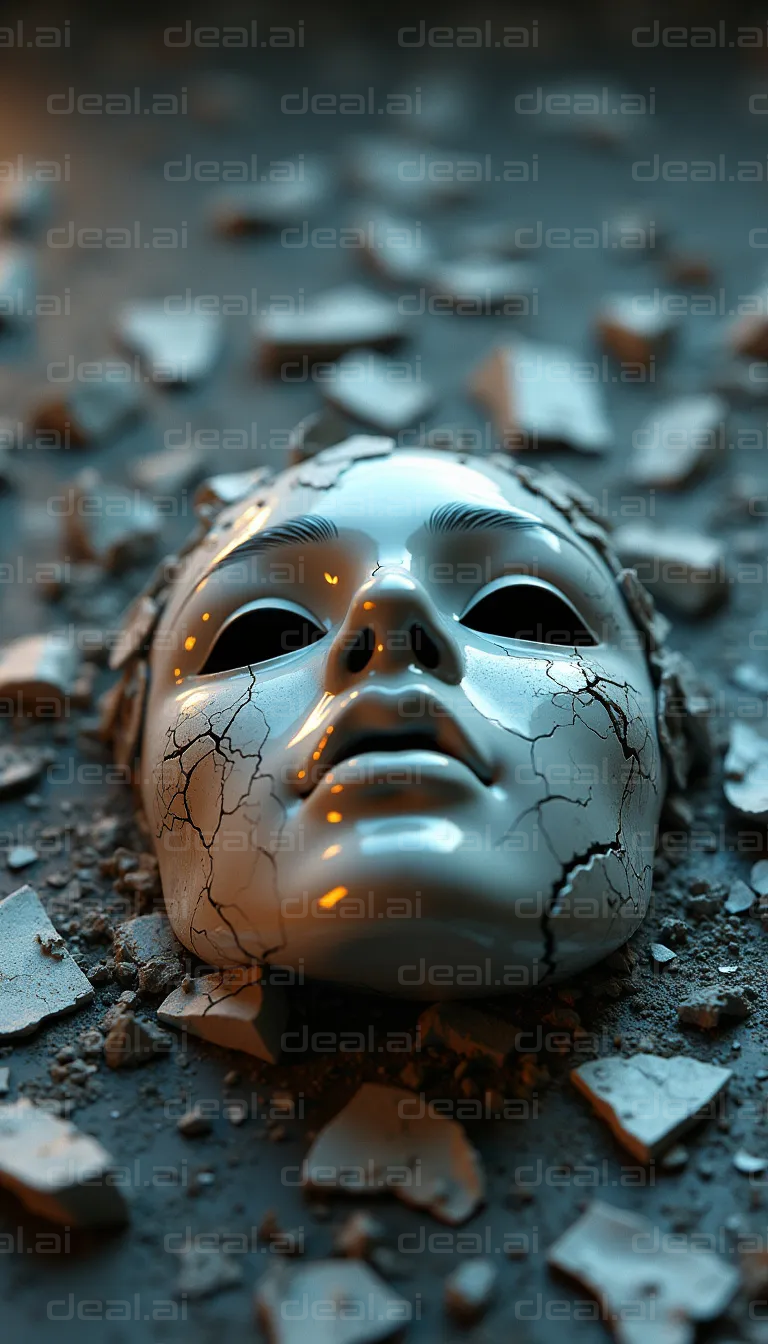 "Shattered Mask on Cracked Ground"