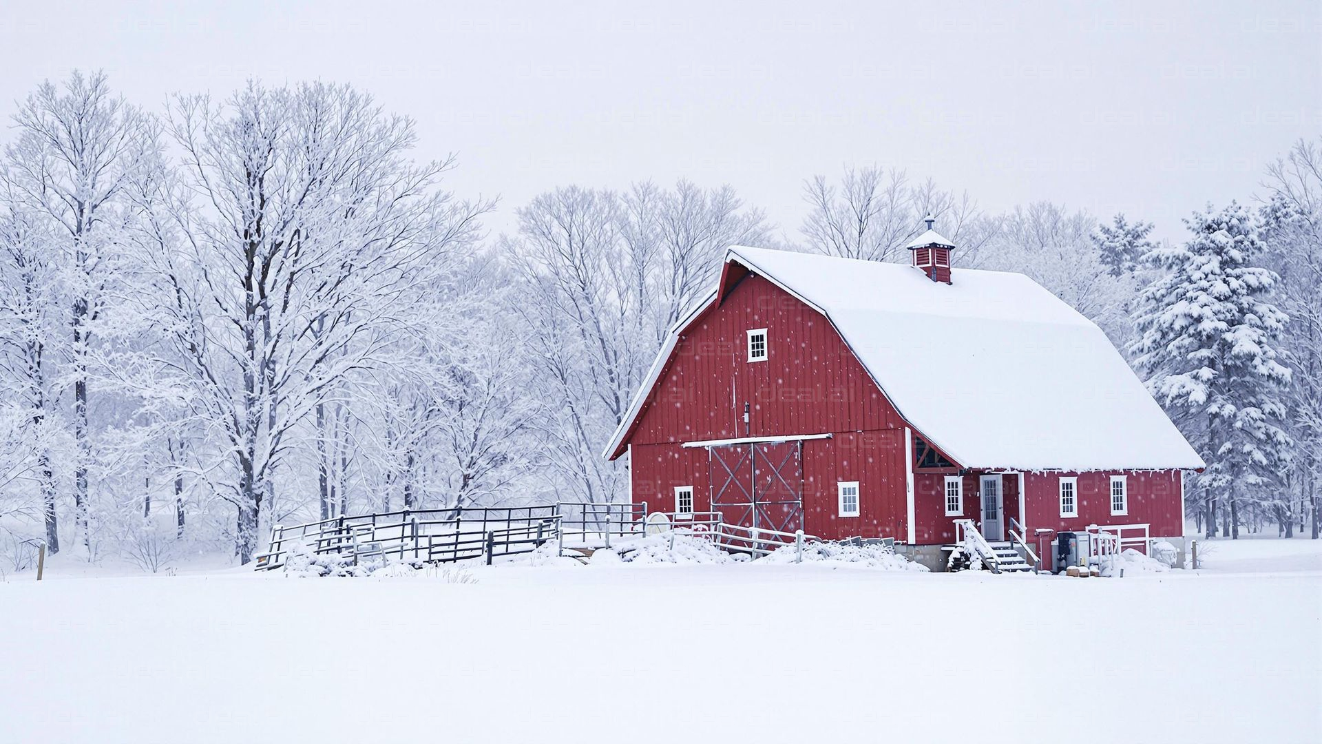 Snowy Red Barn in Winter Wonderland