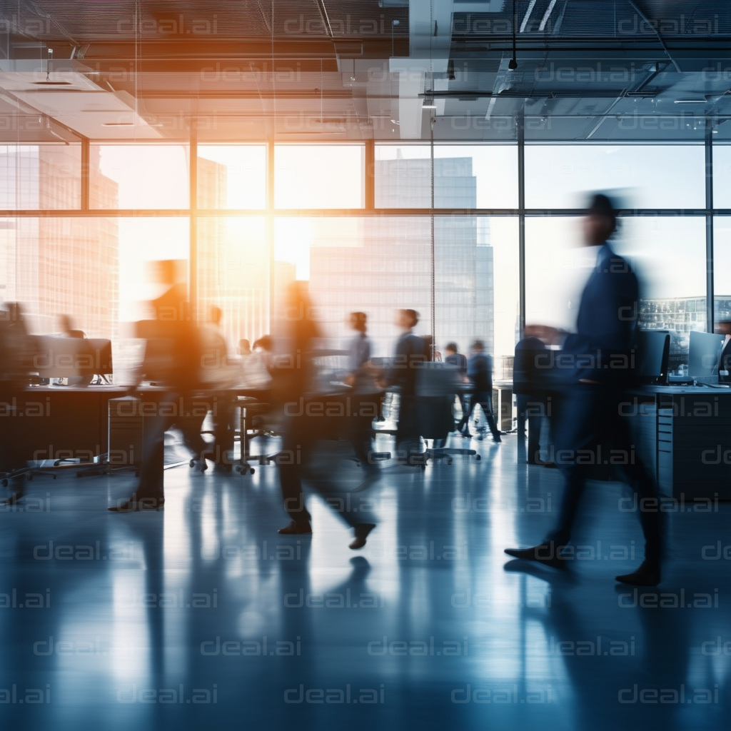 Busy Office with Cityscape Background