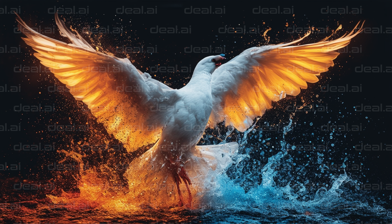 "Flaming Phoenix in Water Splashes"