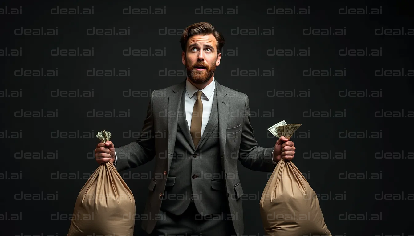 "Man Holding Money Bags with Surprised Look"