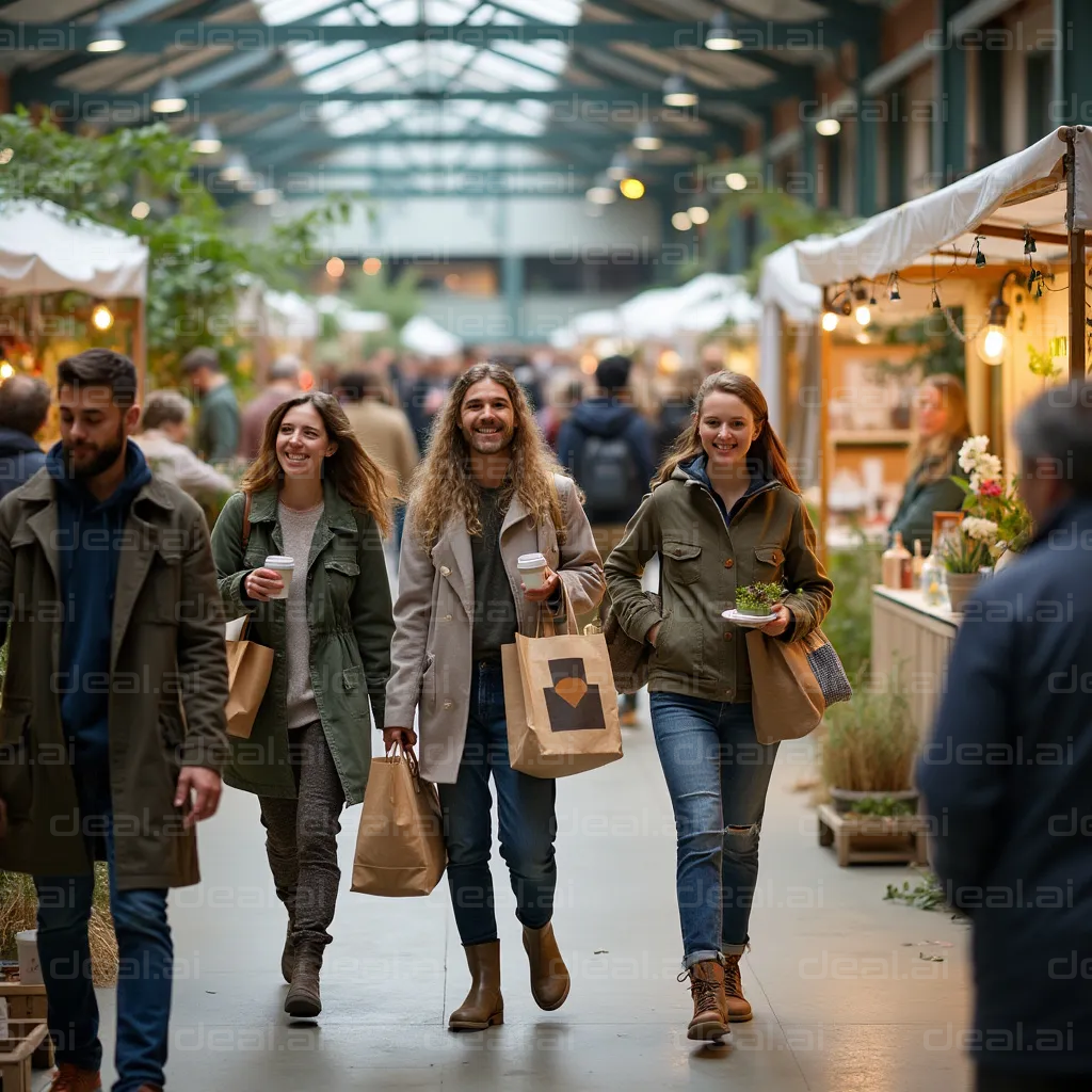 "Friends Enjoying a Busy Indoor Market"