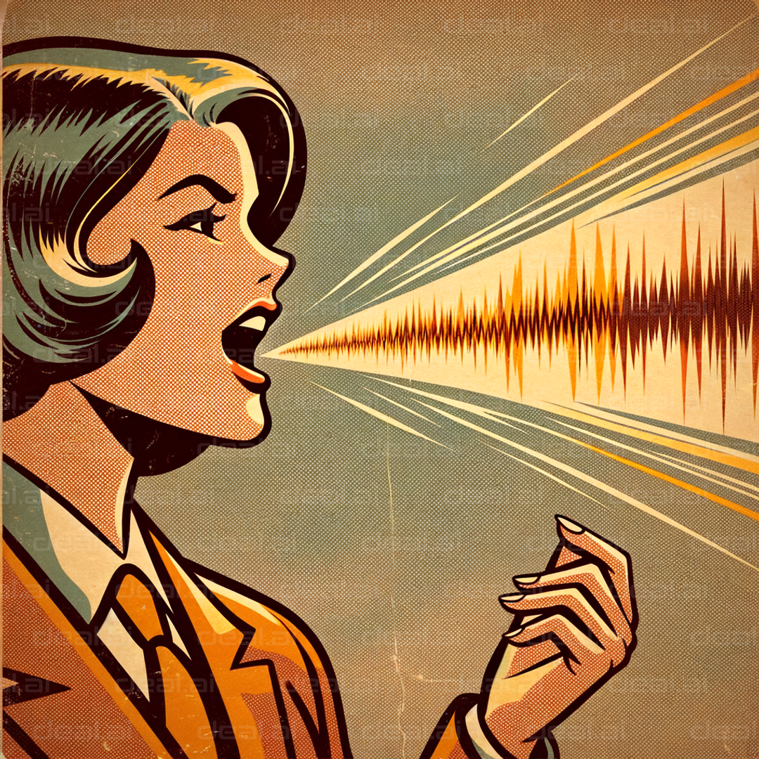 "Retro Woman Amplified Voice Waves"