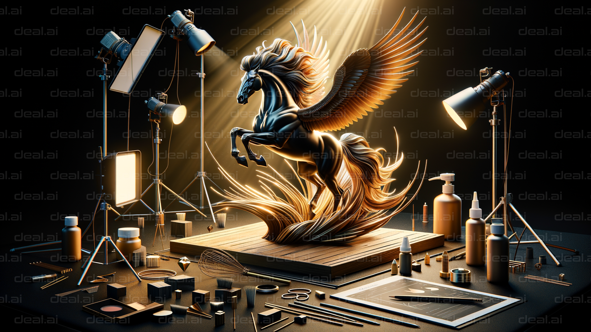 "Majestic Winged Horse Under Studio Lights"