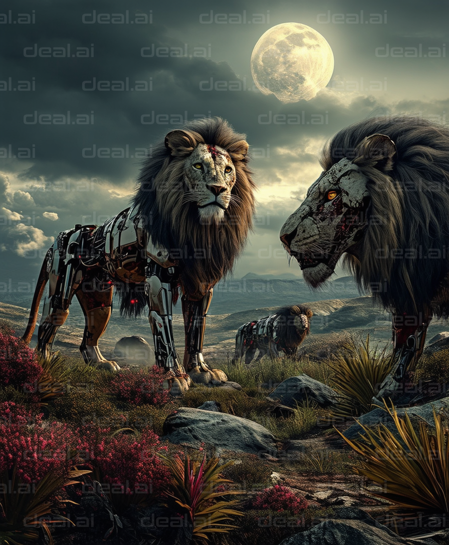 "Robotic Lions Under Full Moon"