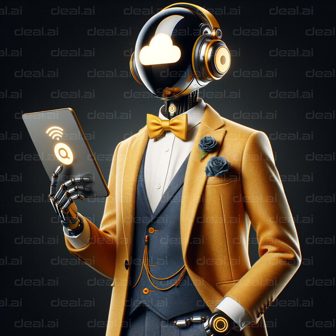 "Elegant Robot in Suit Holding Tablet"