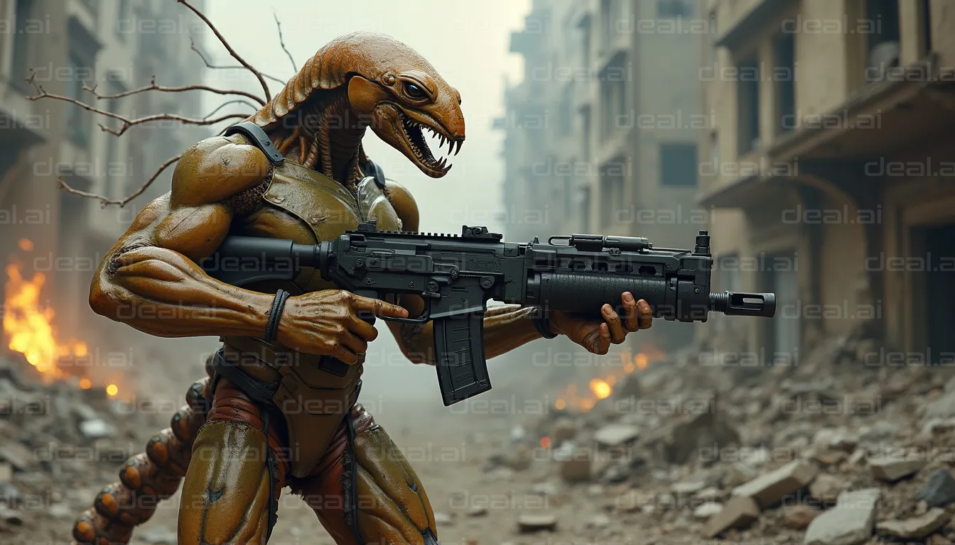 Alien Warrior in Post-Apocalyptic Battle