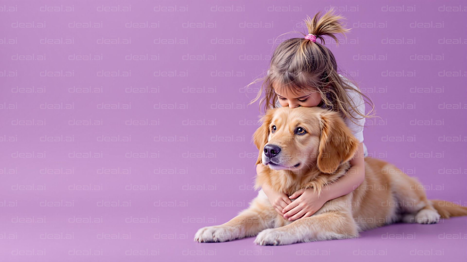 Girl Hugging Golden Retriever on Purple