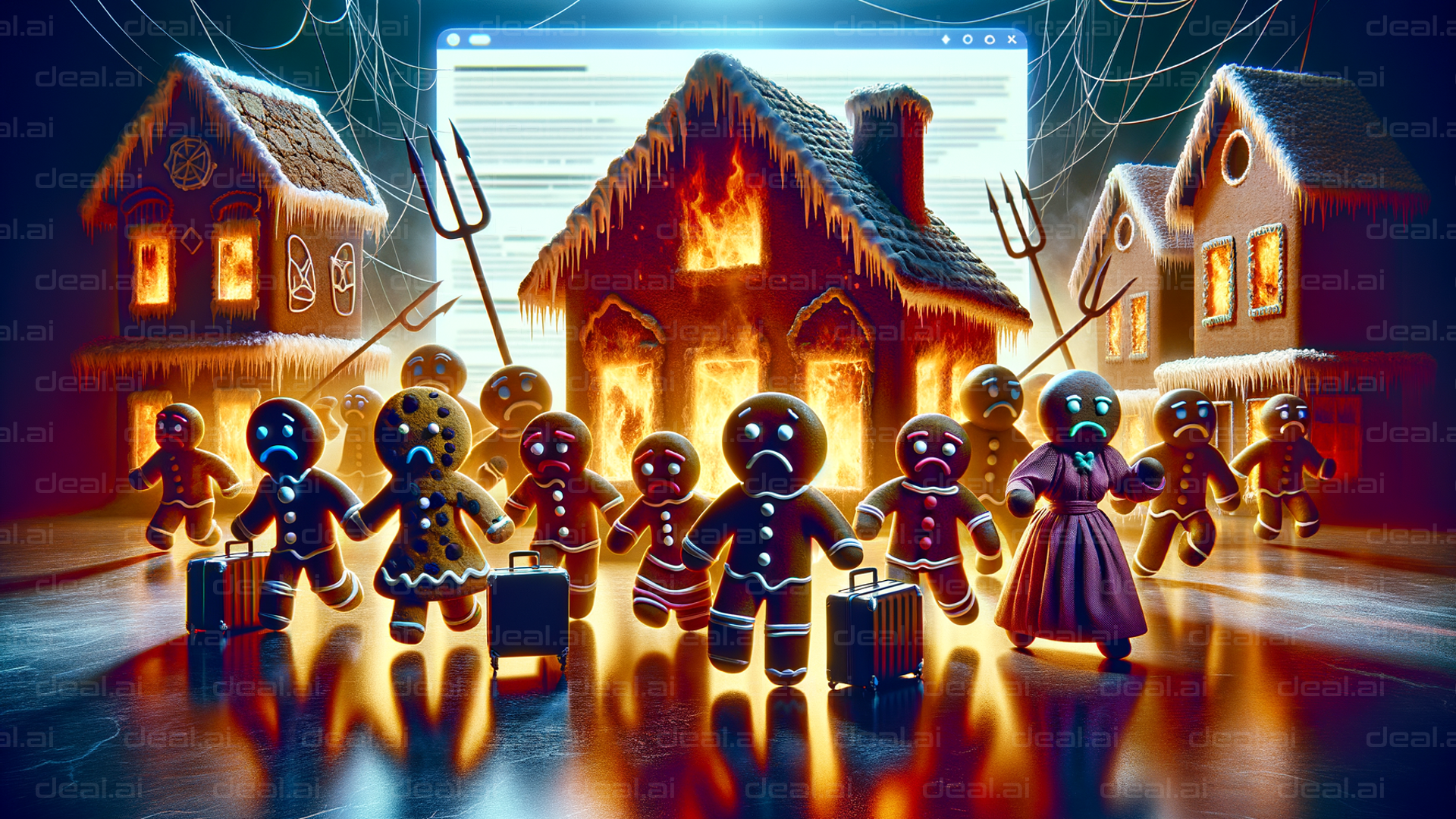 "Gingerbread Villagers Flee Fire"