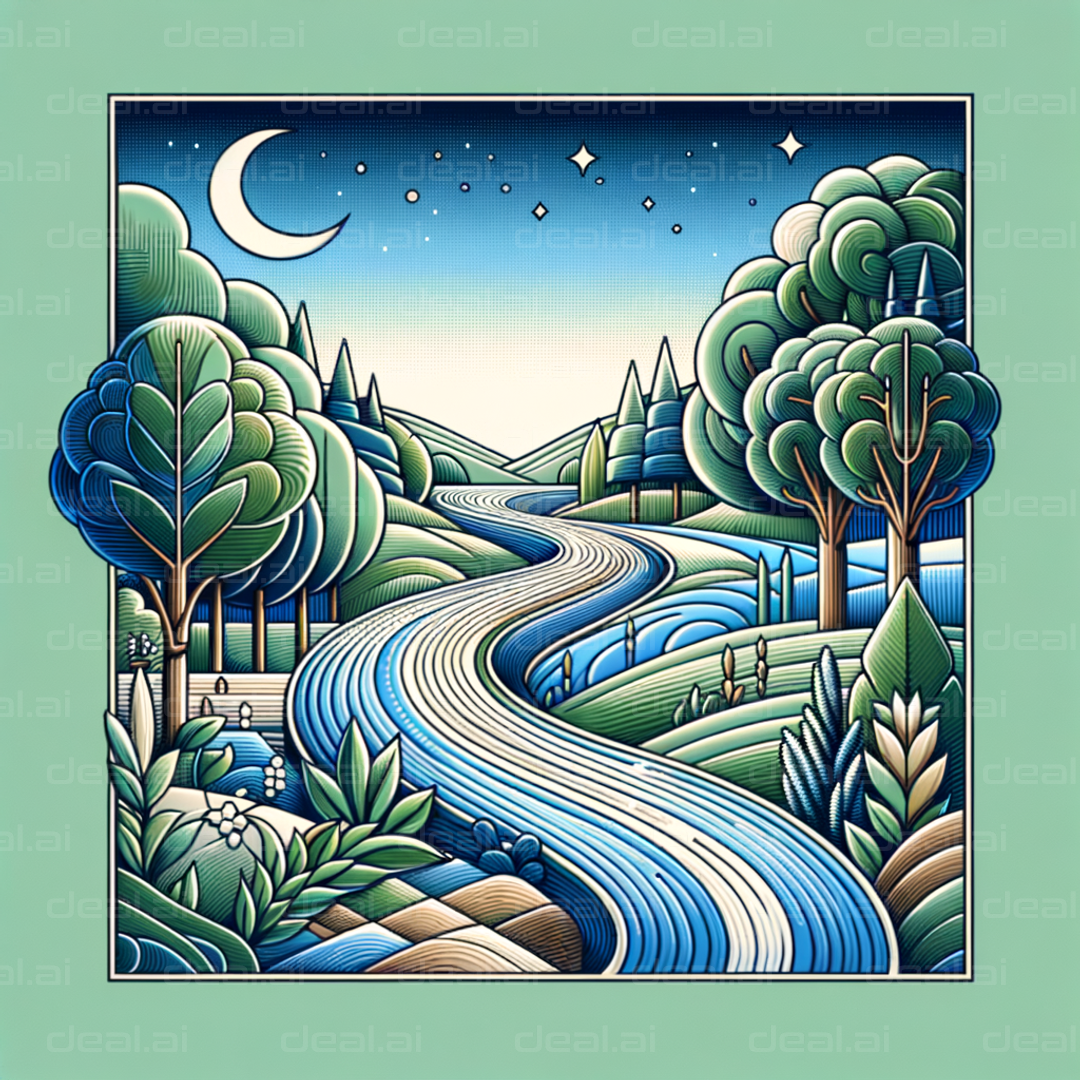 “Starry River Landscape Art”