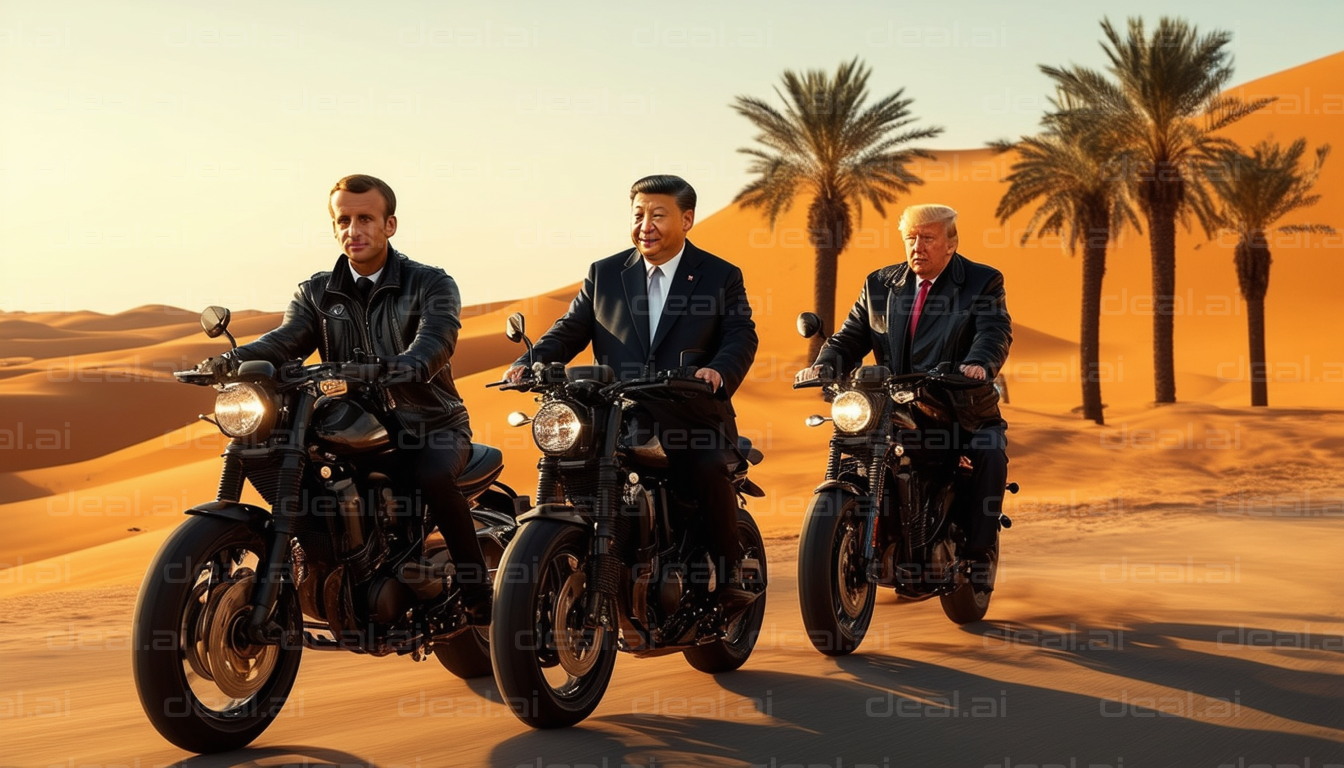 World Leaders Biking Through Desert Dunes